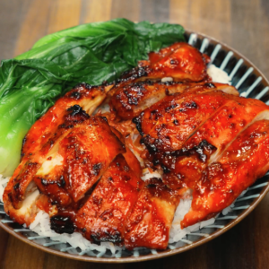 Char siu chicken rice bowl with bok choy and jasmine rice