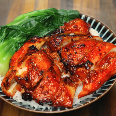 Char siu chicken rice bowl with bok choy and jasmine rice
