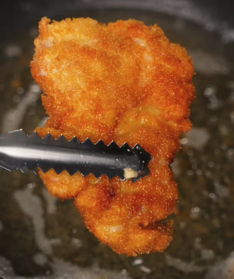 Freshly fried chicken katsu held in tongs, showcasing its crispy and golden panko crust.