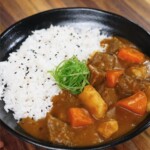 A finished bowl of Japanese beef curry served with white rice, garnished with finely shredded scallions and black sesame seeds. The rich, glossy curry features chunks of beef, carrots, and potatoes.