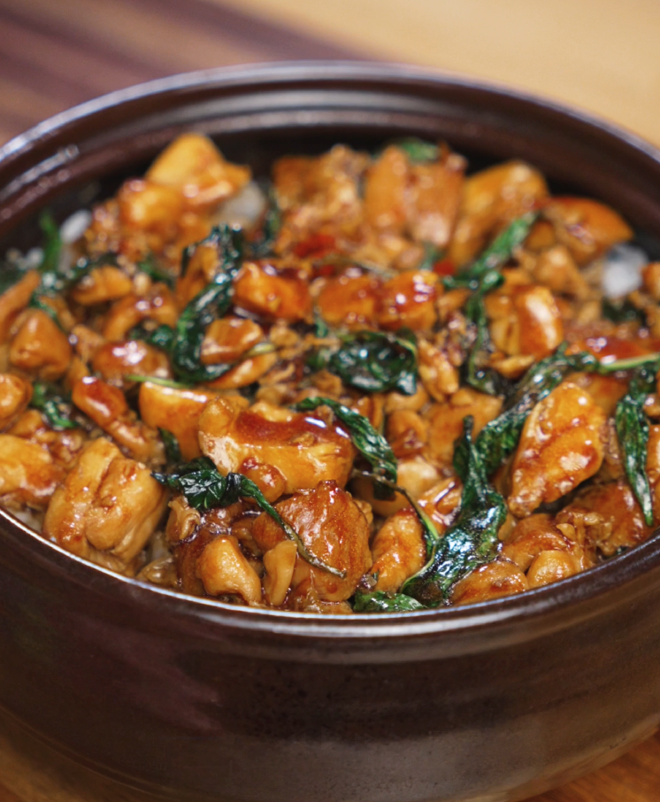 A bowl of Thai basil chicken sits atop a bed of steamed white rice, glistening with savory sauce and flecked with wilted basil leaves. The chicken is glossy, tender, and packed with flavor from garlic, chili, and soy.