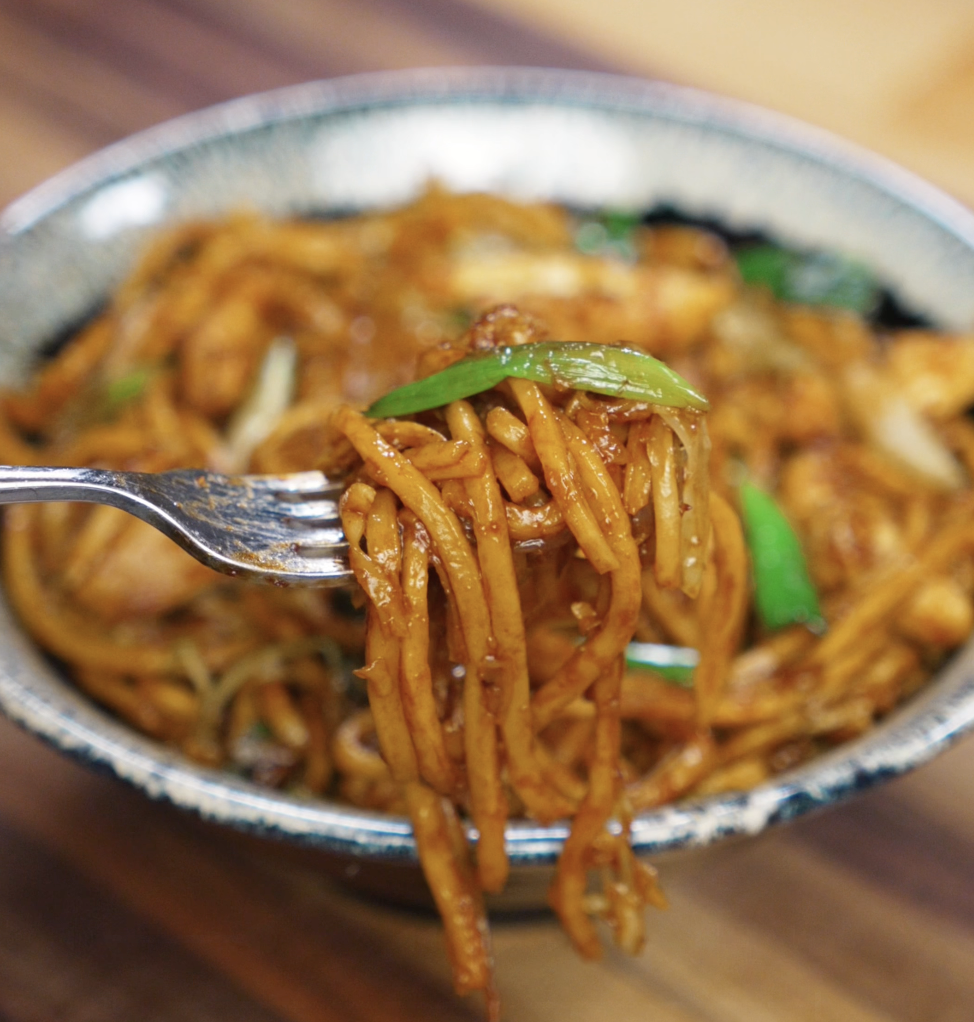 A fork lifts a glossy bite of pan fried noodles with chicken and scallions from the bowl. The noodles are coated in a rich, savory sauce that clings to every strand.