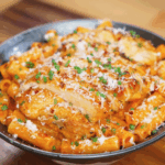 A generous bowl of rigatoni coated in creamy orange sauce is topped with juicy sliced chicken, fresh chives, chili flakes, and a shower of parmesan.