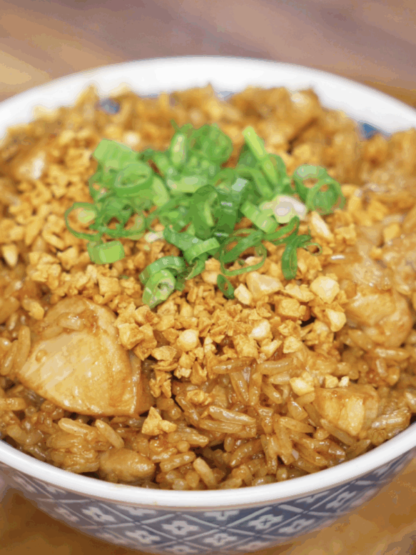 A full bowl of garlic chicken fried rice topped with scallions and crispy garlic sits ready to eat, showcasing caramelized chicken and perfectly seasoned rice.