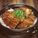 A bowl of soy-glazed braised pork belly is served over hot white rice and topped with fresh scallions.