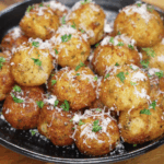 A black platter piled high with evenly crisped potato balls, garnished with grated parmesan and chopped parsley, ready to serve.