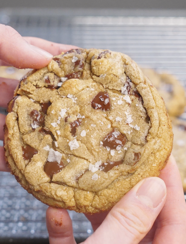 Single brown butter chocolate chip cookie held in hand, showing crisp edges, a soft center, melted chocolate chunks, and flaky salt on top.