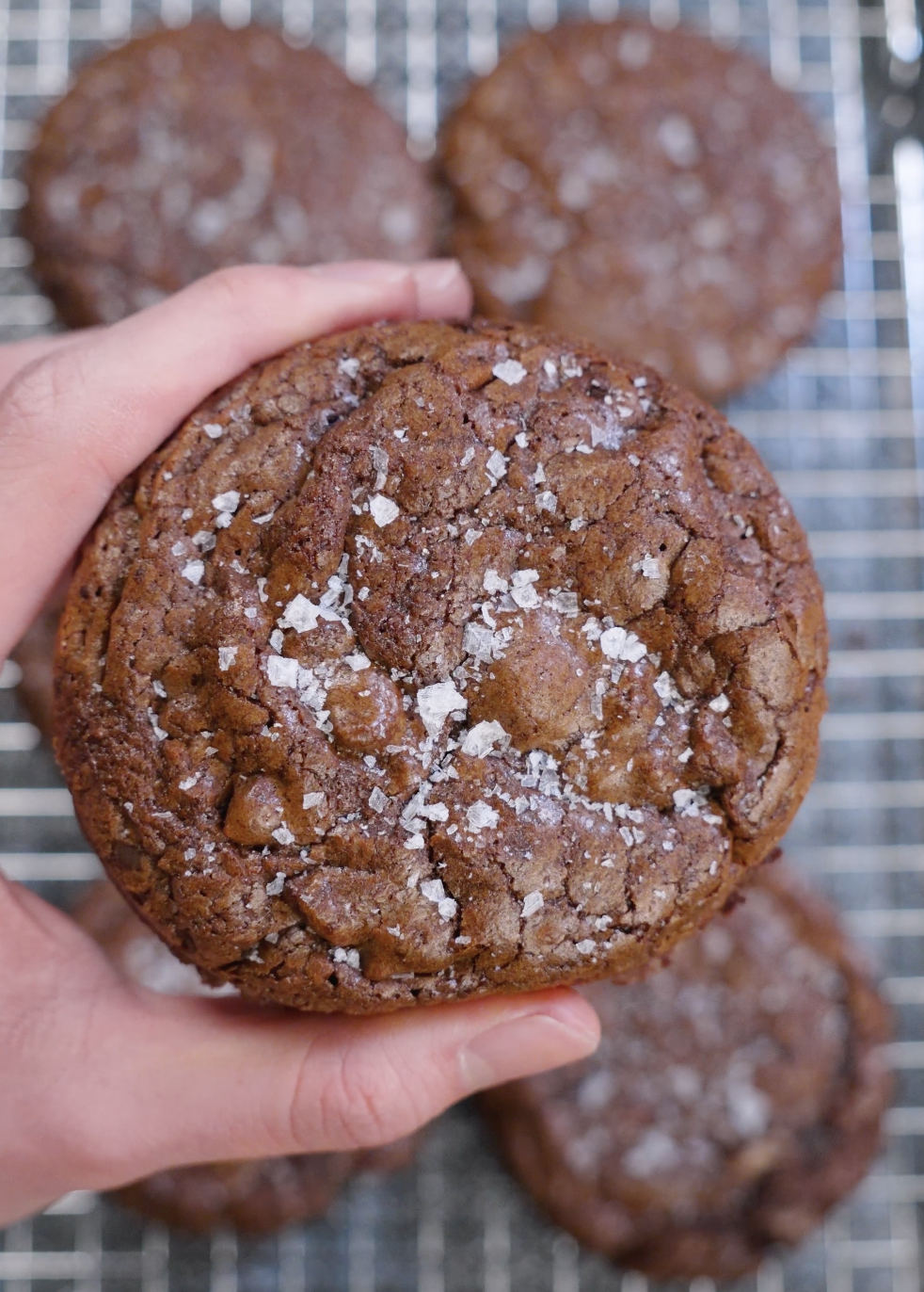 Close-up of a thick brownie cookie held in hand, showing a shiny crackled top finished with flaky sea salt and a dense, fudgy chocolate texture.