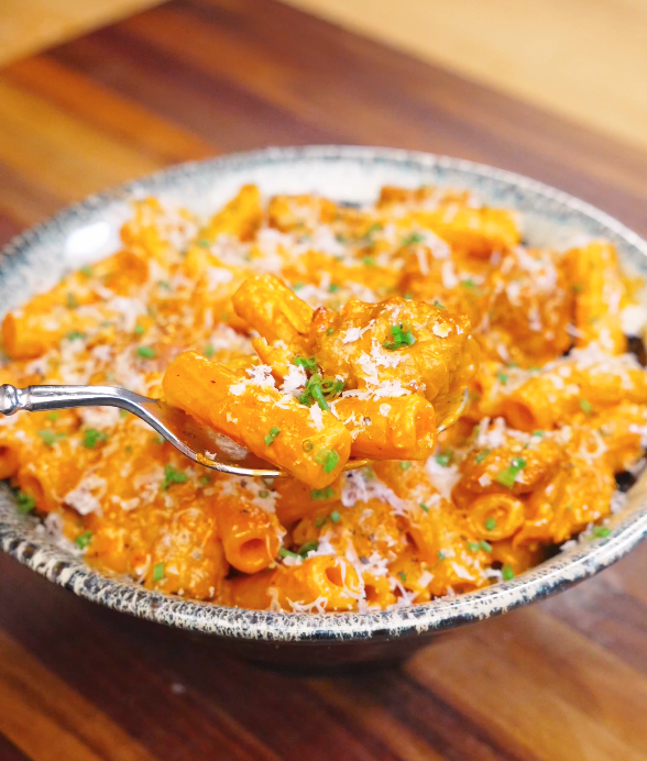 Fork lifting a bite of Creamy Sausage Pasta showing rigatoni coated in creamy sausage sauce with parmesan and chives.